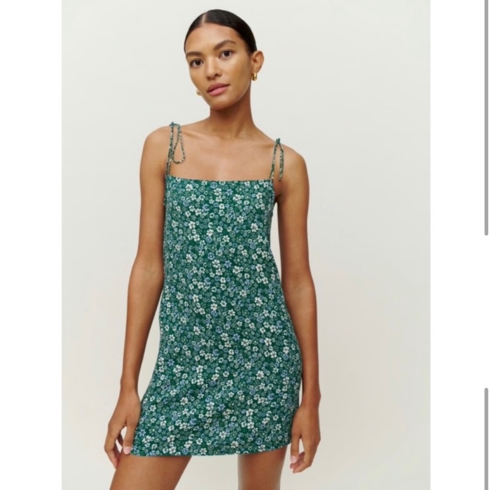 Reformation Teal Green Floral Tie-Shoulder Mini Dress